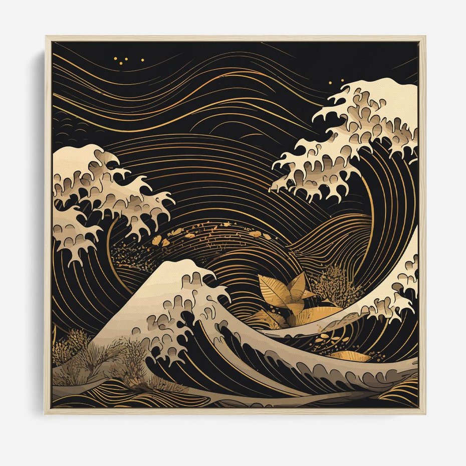 Obraz w ramie 50x50 - Złote Piękno - ciemny obraz, fala morska - rama drewno