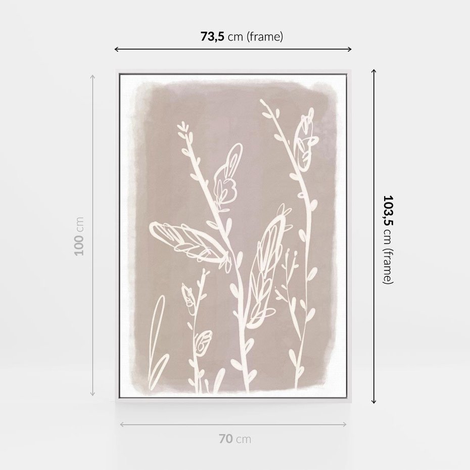 Obraz w ramie 70x100 - Roślinne Przeniknięcia - nowoczesny subtelny plakat, beżowy - rama biała