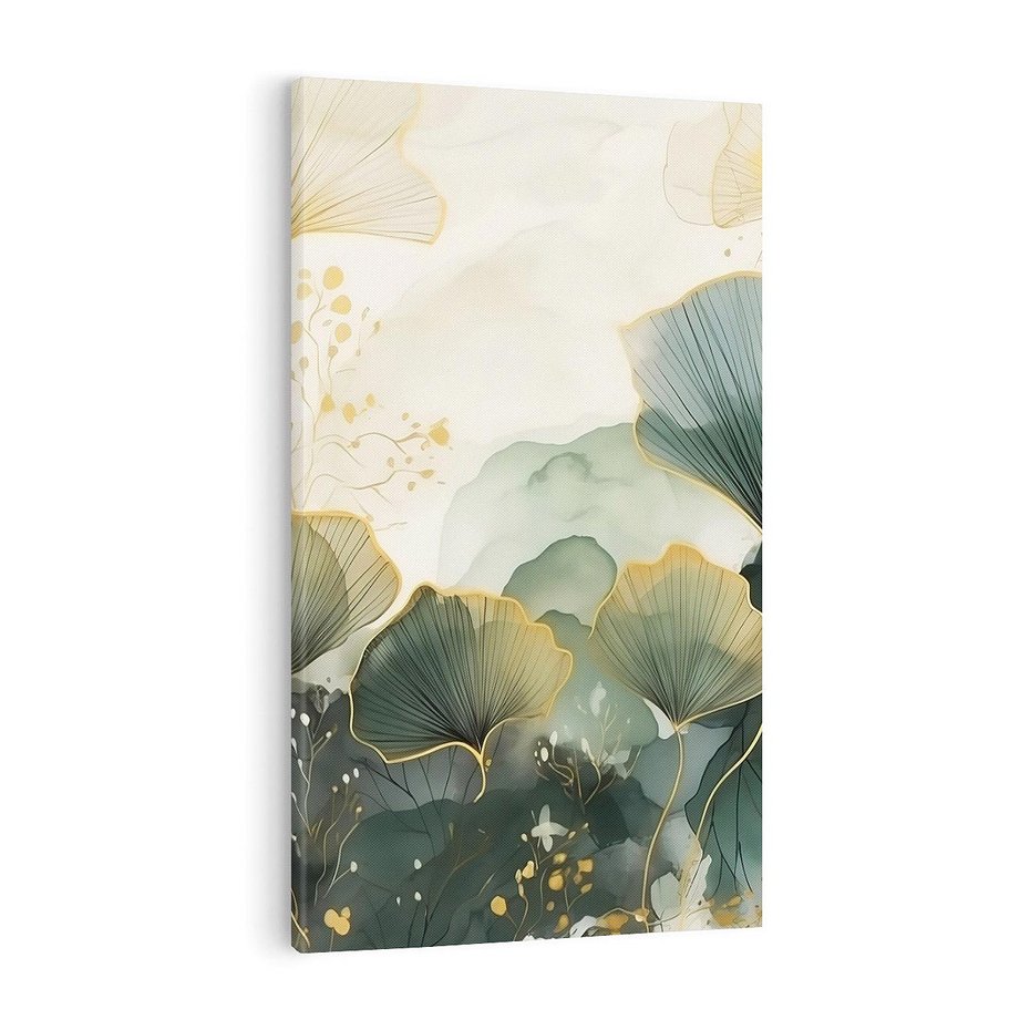 Obraz na płótnie 70x100 - Natura w Złotym Odcieniu - złote elementy, liście miłorzębu japońskiego