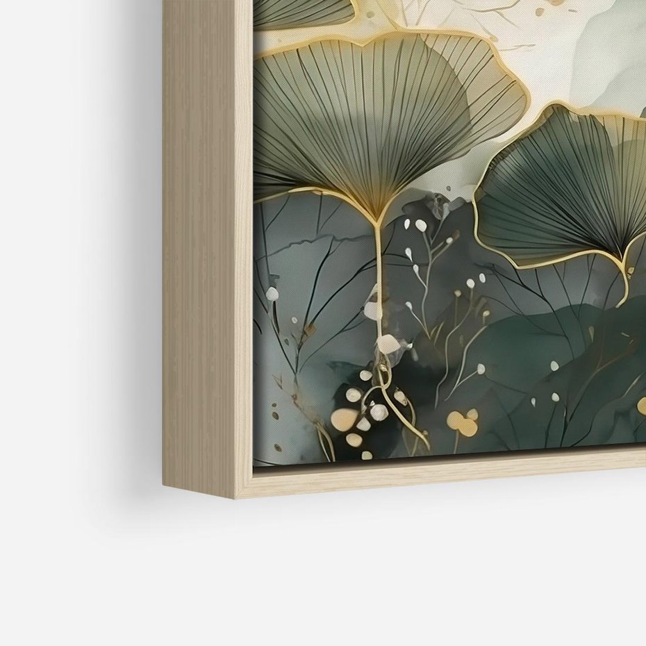 Obraz w ramie 80x80 - Natura w Złotym Odcieniu - złote elementy, liście miłorzębu japońskiego - rama drewno