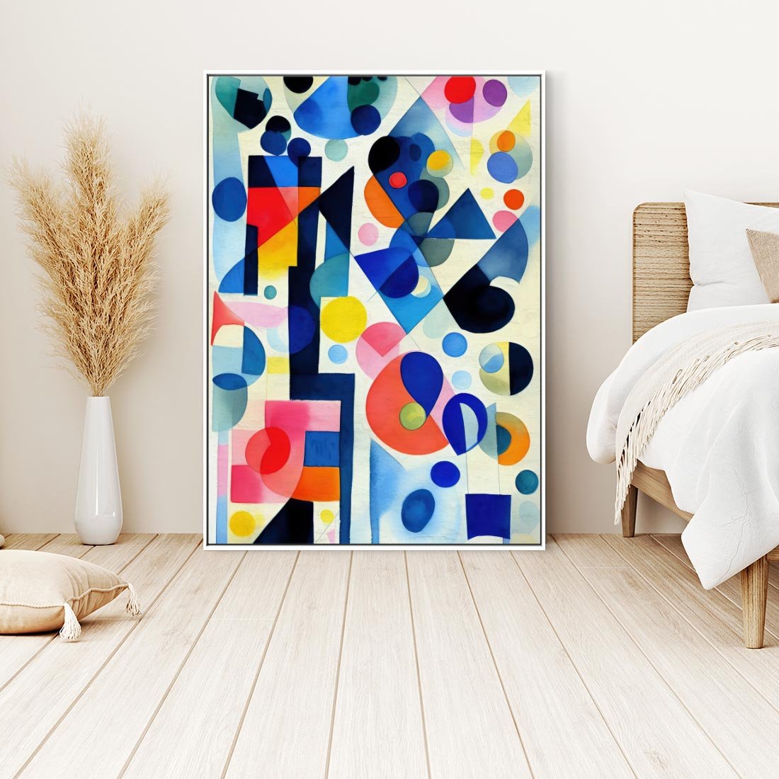 Obraz w ramie 80x120 - Księga Akwarelowych Przeniknięć - abstrakcyjny obraz, różne kolorowe kształty - rama biała