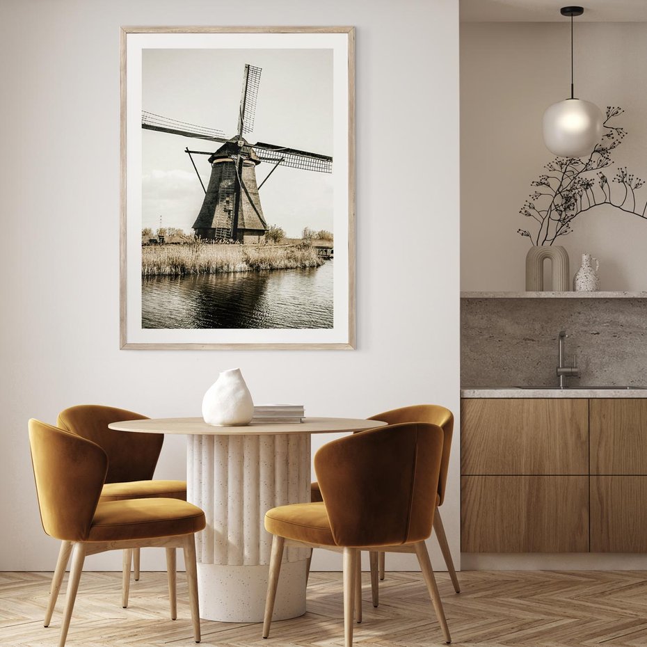 Plakat w ramie 50x70 - Holenderski Wiatrak w Sepii - holenderski wiatrak, młyn - rama drewno