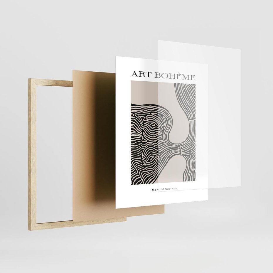 Plakat w ramie 40x50 - Wewnętrzne Zagadki Kształtów - sztuka minimalizmu, biało czarna rycina - rama drewno