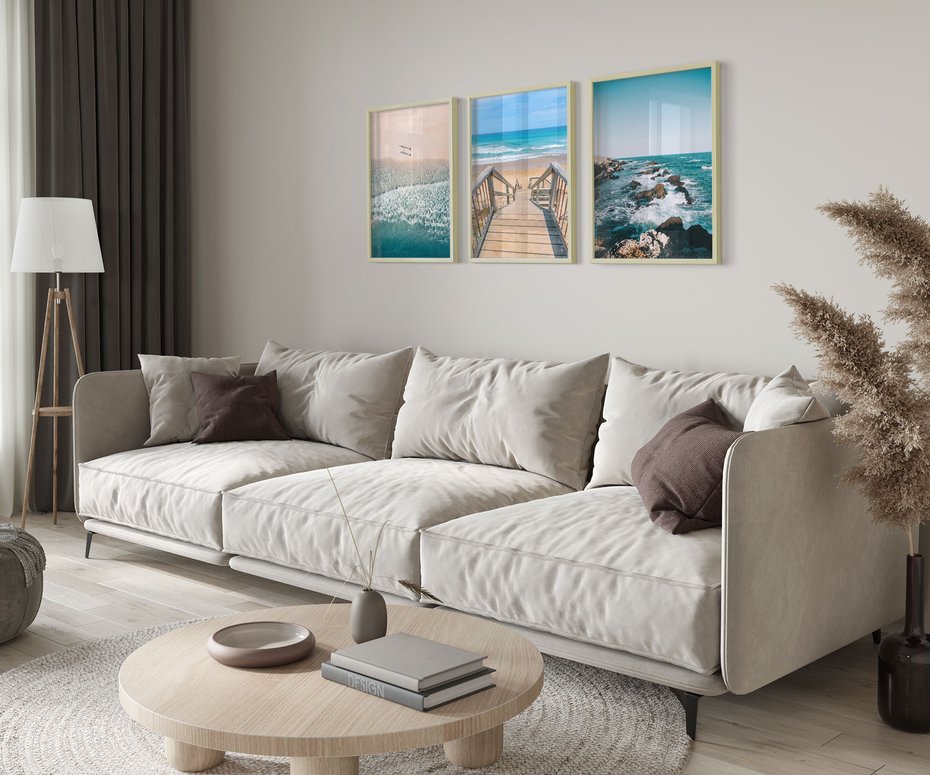 Zestaw obrazy w ramie 30x40 galeria - Plaża, morze, fale, boho - rama drewno