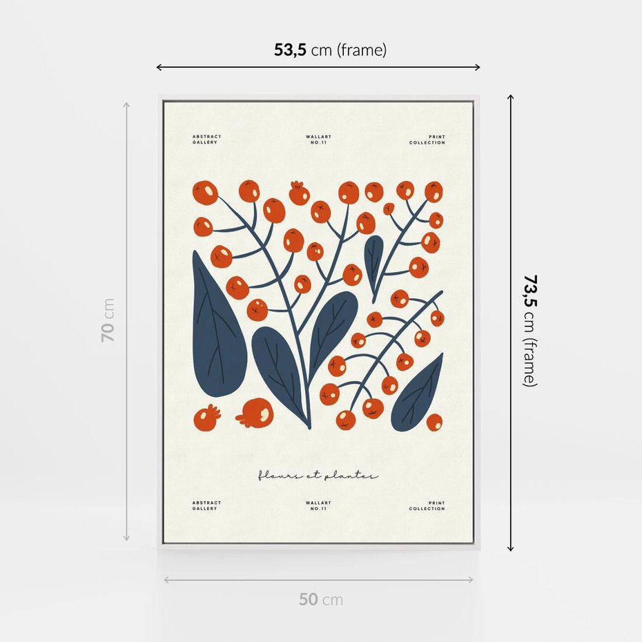 Obraz w ramie 50x70 - Minimalistyczna Uroda Jarzębin - jarzębiny, niebieskie liście - rama biała