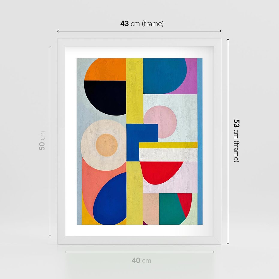 Plakat w ramie 40x50 - Harmonia Kolorowych Impulsów - abstrakcyjne geometryczne kształty, olejny obraz - rama biała
