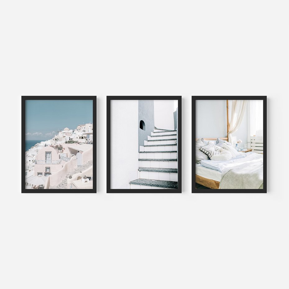 Zestaw obrazy w ramie 30x40 galeria - Santorini, wakacje, błękit - rama czarna