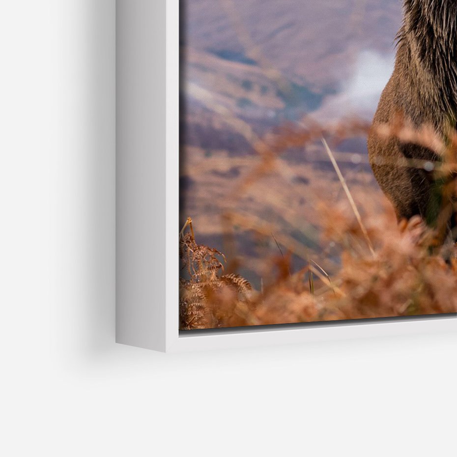 Obraz w ramie 80x120 - Jeleń w Uśpionym Krajobrazie - jeleń na tle gór, ośnieżone góry - rama biała