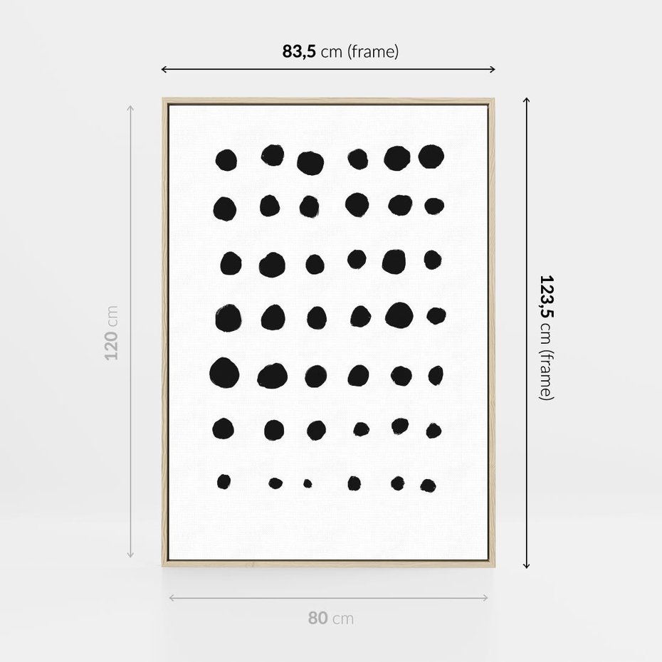 Obraz w ramie 80x120 - Refleksje Światła - minimalistyczna kompozycja, czarne kropkina białym tle - rama drewno
