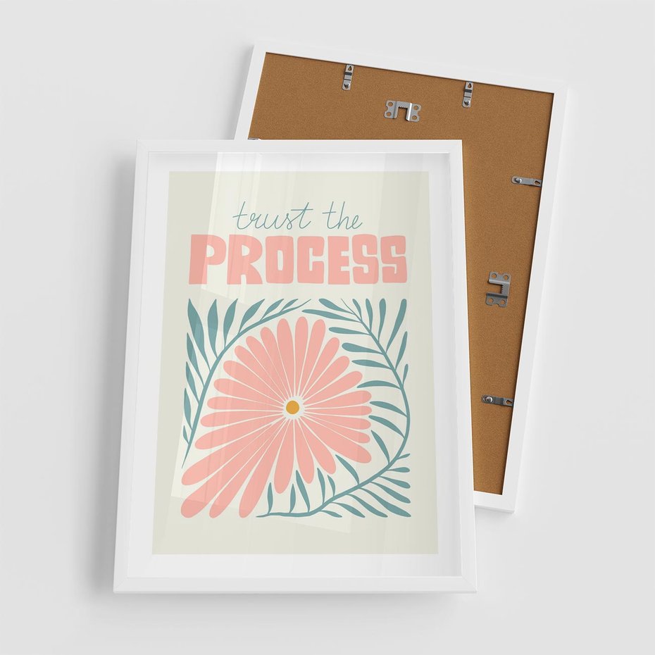 Plakat w ramie 50x70 - Symfonia Światła - typografia, pastelowa stokrotka - rama biała