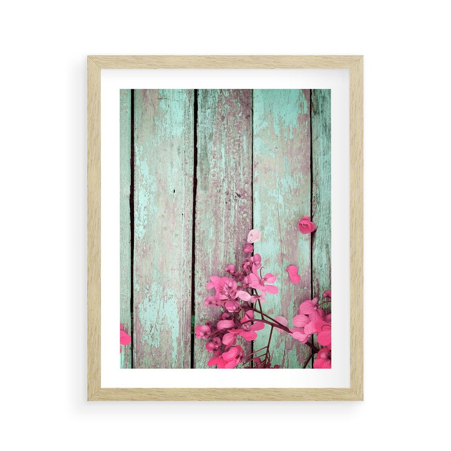 Plakat w ramie 40x50 - Urok Dawnych Czasów - kwiaty, deski - rama drewno