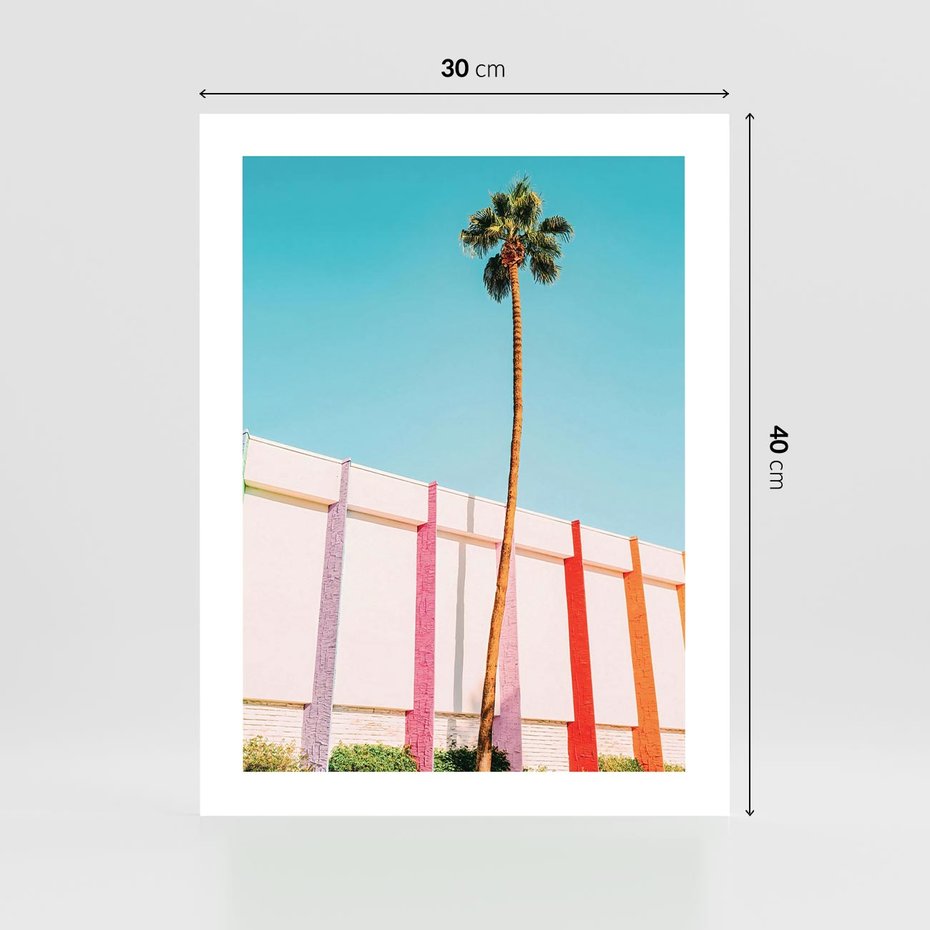 Plakat bez ramy 30x40 - Tropikalny Kontrast - palma na tle błękitnego nieba, kolorowy mur