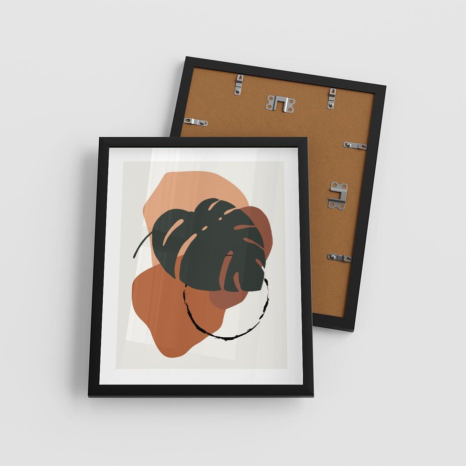 Plakat w ramie 40x50 - Brązowa Ekspresja - liść monstery, boho obraz - rama czarna