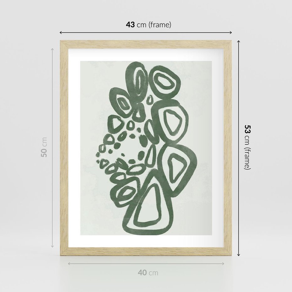 Plakat w ramie 40x50 - Migotliwe Widzenia Zieleni - zielona abstrakcja, zgaszona zieleń - rama drewno