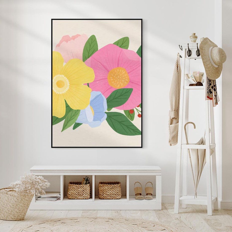 Obraz w ramie 50x70 - Kwiatowy Uśmiech - kwiaty, akwarela - rama czarna