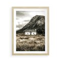Plakat w ramie 50x70 - Biały Domek w Sepii: Wiejski Urok - domek w górach, kolory sepii - rama drewno