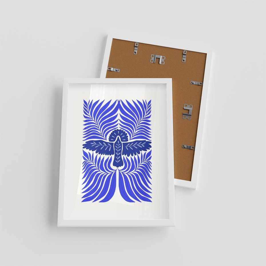 Plakat w ramie 30x40 - Etniczne Rekwizyty - etniczne roślinne wzory, granat - rama biała