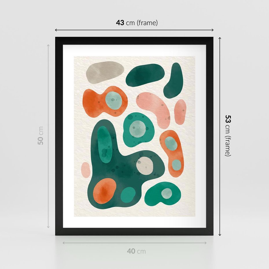 Plakat w ramie 40x50 - Kolorowe Przenikanie - przypadkowe abstrakcyjne plamy, pomarańczowy i zielony - rama czarna