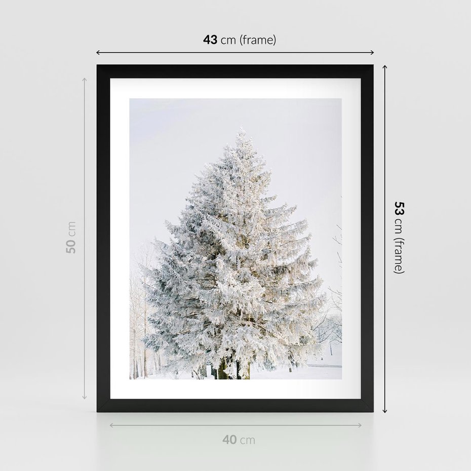 Plakat w ramie 40x50 - Zimowa Poezja w Ośnieżonym Drzewie - ośnieżone drzewo, zima - rama czarna