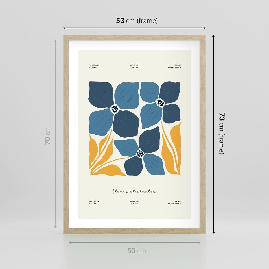 Plakat w ramie 50x70 - Błękitne Nowości - niebieskie kwiaty, nowoczesna sztuka - rama drewno