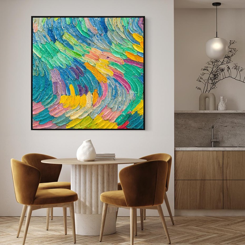 Obraz w ramie 50x50 - Egzotyczne Pióra - abstrakcyjne dzieło, farby olejne - rama czarna