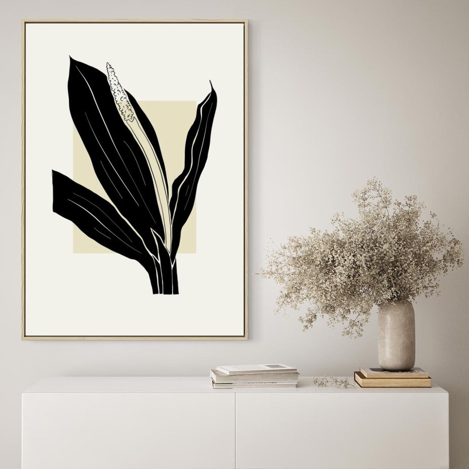 Obraz w ramie 80x120 - Harmonia liści - minimalistyczny obraz, szkic - rama drewno