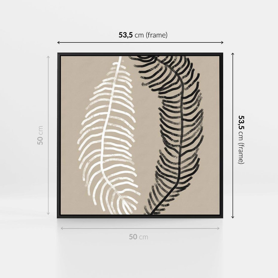 Obraz w ramie 50x50 - Spleciona Harmonia - sztuka nowoczesna, białe i czarne pióro - rama czarna