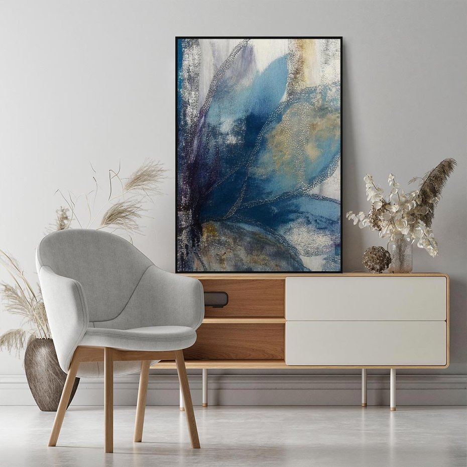 Obraz w ramie 50x70 - Tekstura Kwiatu - olejny obraz, niebieski kwiat - rama czarna