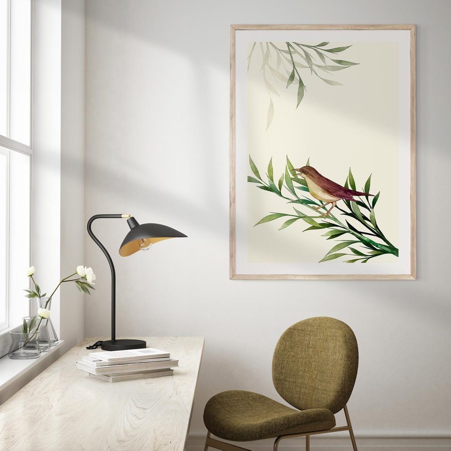 Plakat w ramie 50x70 - Roślinne Nastroje - japońska sztuka, ptak - rama drewno