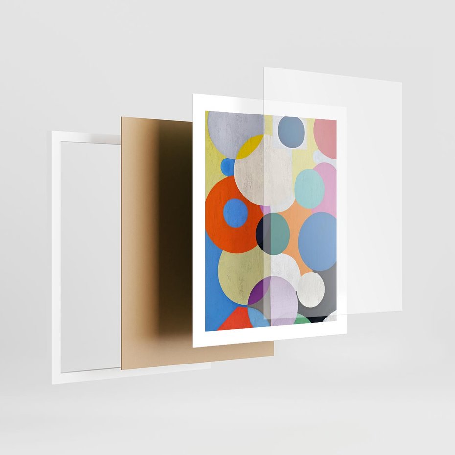 Plakat w ramie 40x50 - Tajemnicze Odbicia Czasu - abstrakcyjne geometryczne kształty, olejny obraz - rama biała