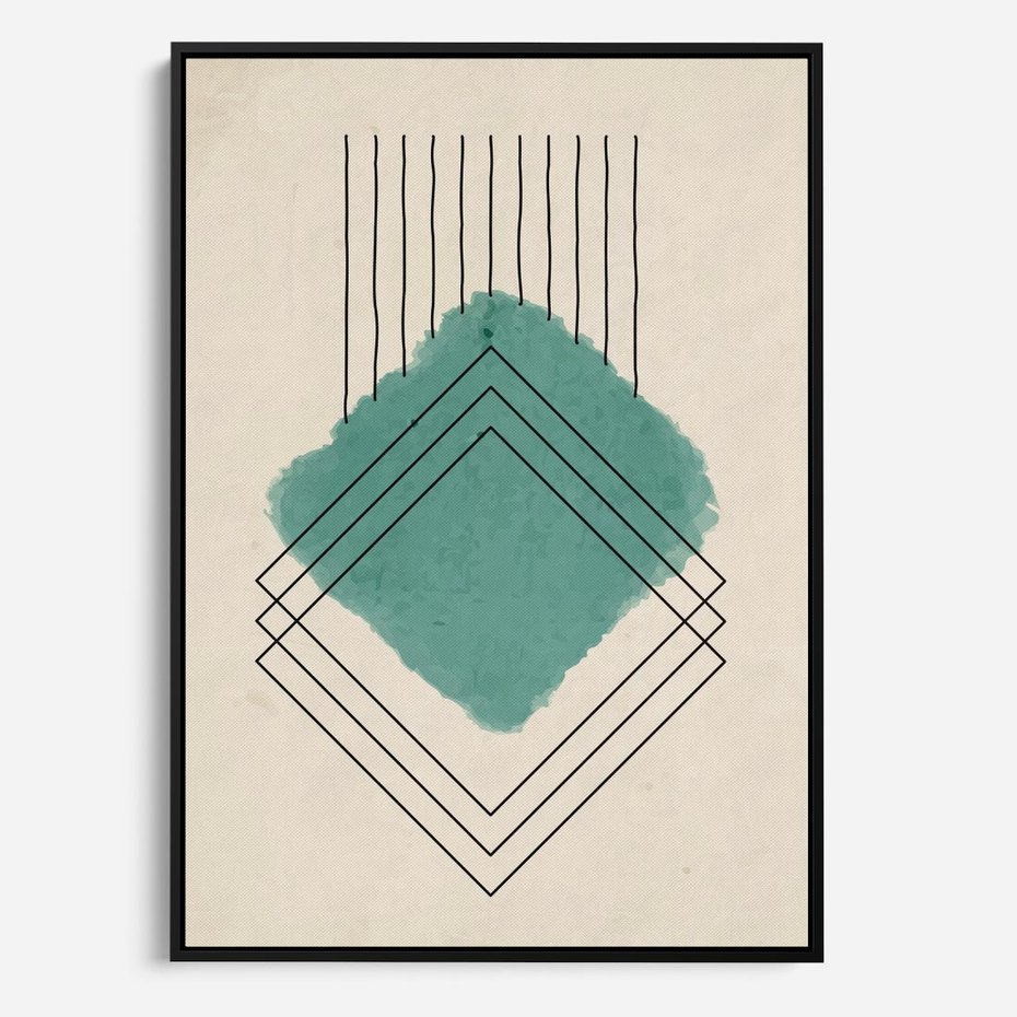 Obraz w ramie 70x100 - Impresje Przestrzeni - akwarelowa plama, geometryczne szkicowane kształty - rama czarna