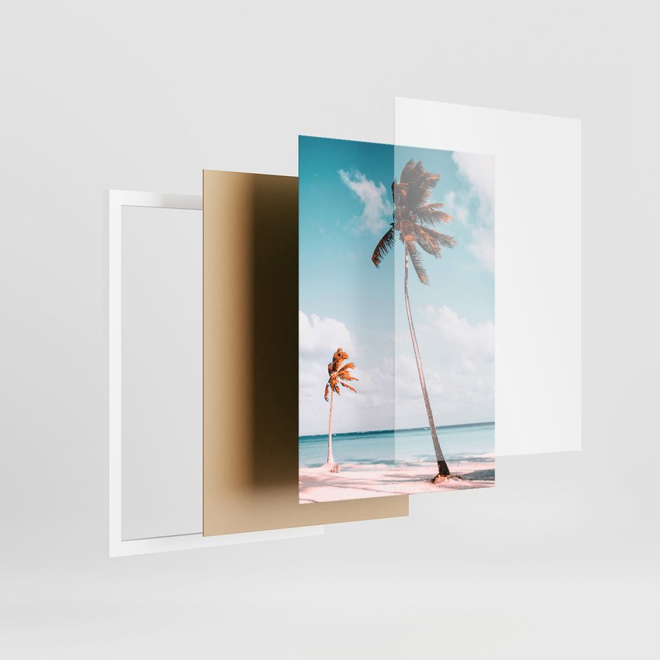 Zestaw obrazy w ramie 50x70 galeria - Palmy, plaża, morze, skały, lato - rama biała