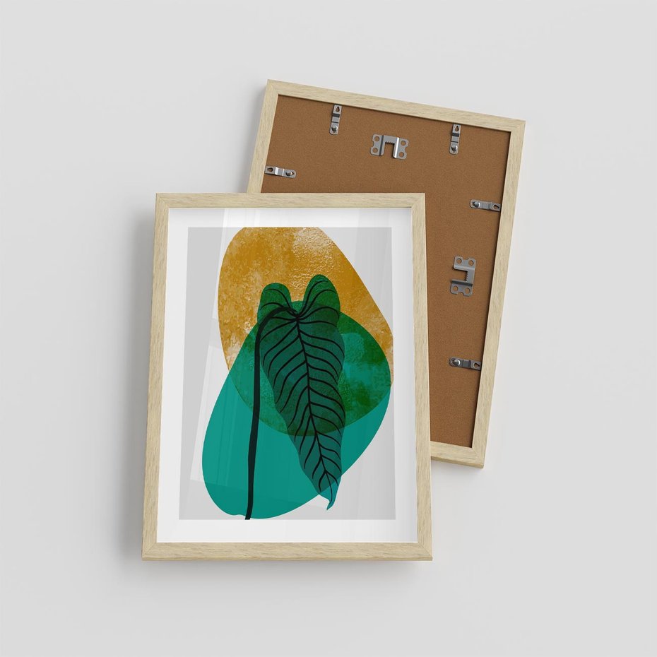 Plakat w ramie 30x40 - Zielony Liść ze Złotą Plamą - zielony liść, złota plama - rama drewno