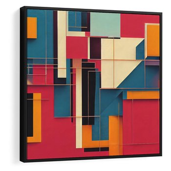 Obraz w ramie 50x50 - Przejście przez labirynt myśli - kolorowa abstrakcja, instalacja z prostokątów i lini - rama czarna
