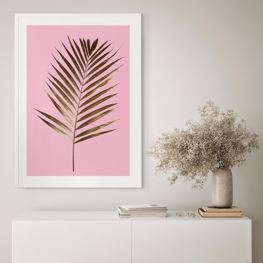 Plakat w ramie 50x70 - Promienie złotej palmy - złota, palma - rama biała