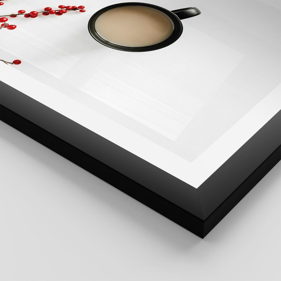 Plakat w ramie 50x70 - Filiżanka Kawy z Gałązką Jarzębiny - kawa, gałązka jarzębiny - rama czarna