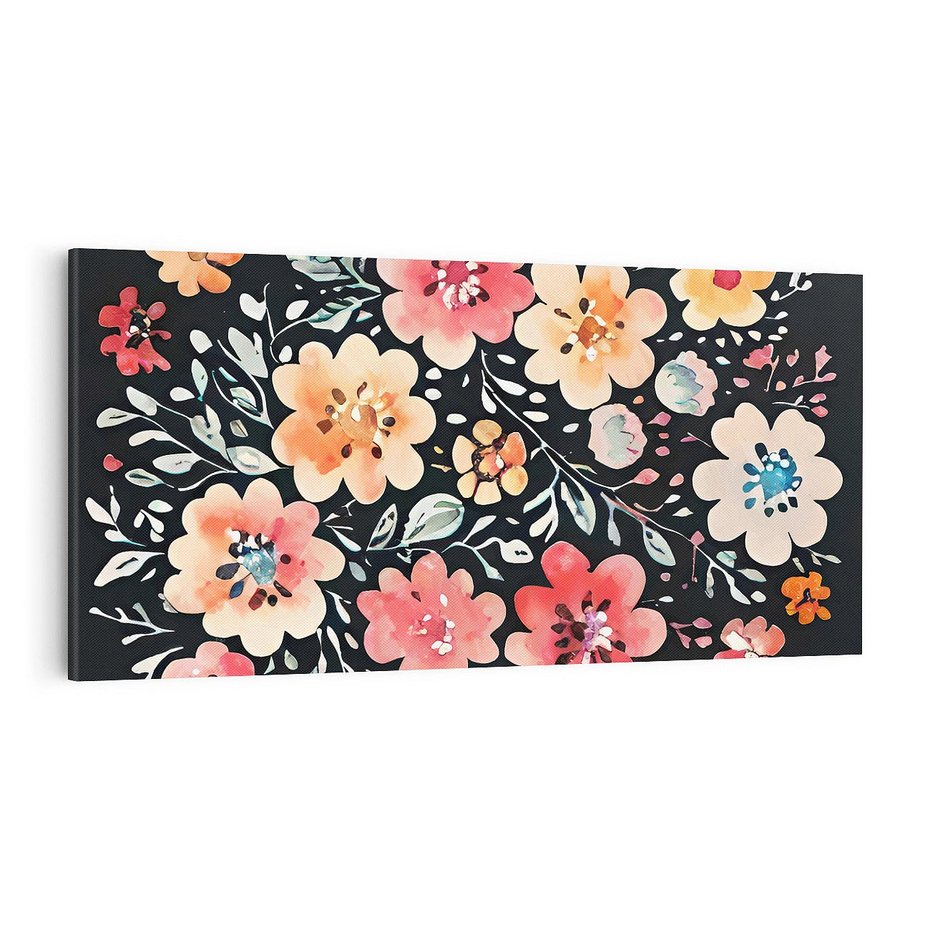Obraz na płótnie 100x50 - Labirynty melancholii - akwarelowe, pastelowe kwiaty na czarnym tle
