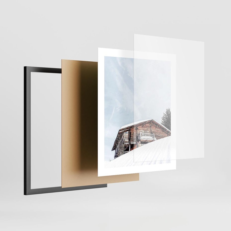 Plakat w ramie 40x50 - Spokój Górskiej Zimy - chatka w górach, domek górski - rama czarna