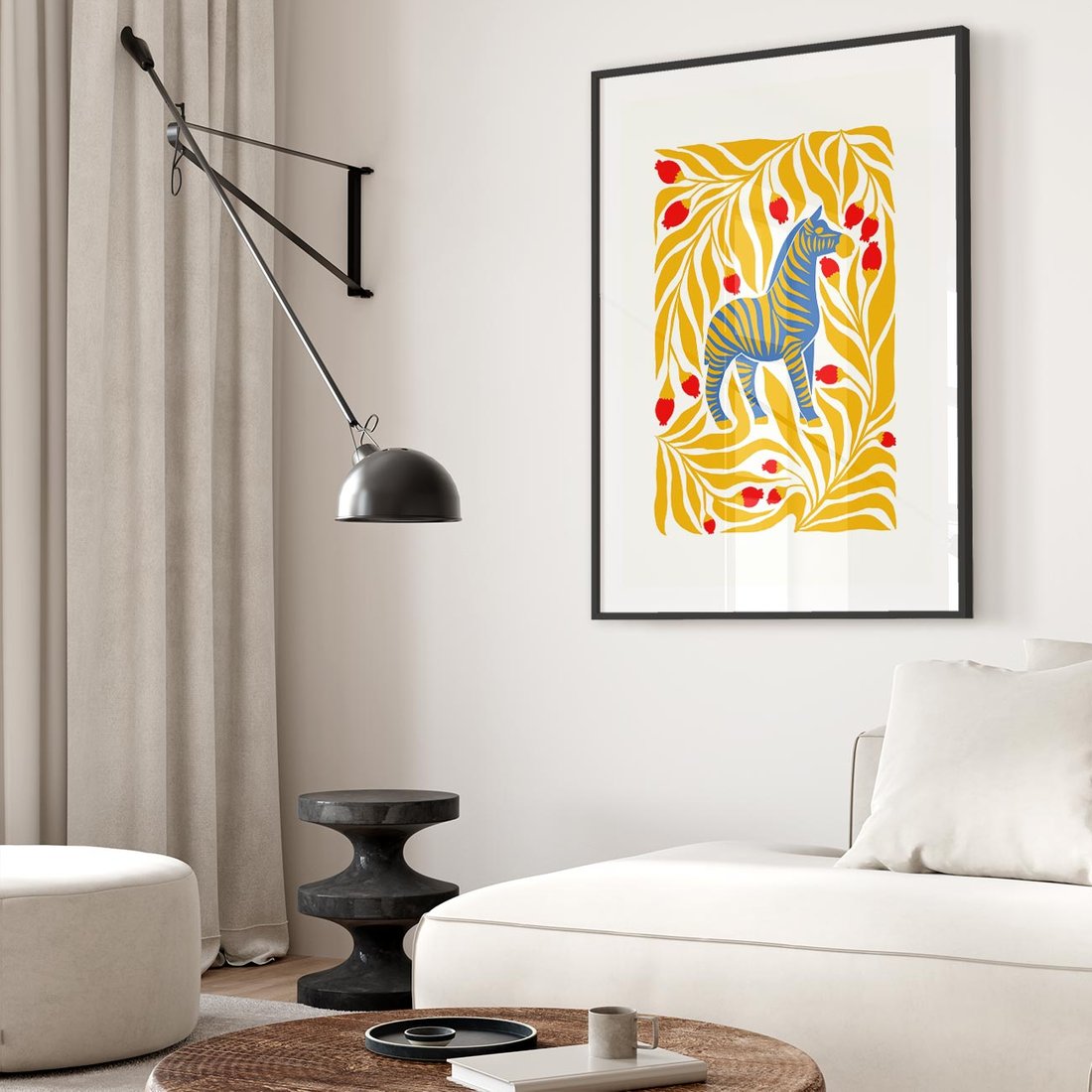 Plakat w ramie 30x40 - Zebra w Nowoczesności - abstrakcyjna nowoczesna grafika, pośrodku zebra - rama czarna