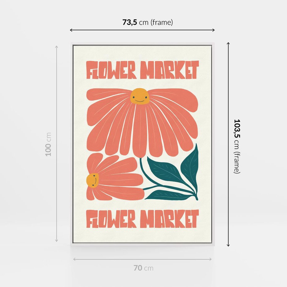 Obraz w ramie 70x100 - Grafika Pełna Radości - wesoła grafika, uśmiechnięte kwiaty - rama biała