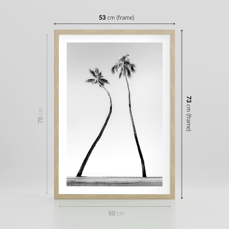 Plakat w ramie 50x70 - Samotne Palmy - czarno biała fotografia, dwie samotne palmy - rama drewno