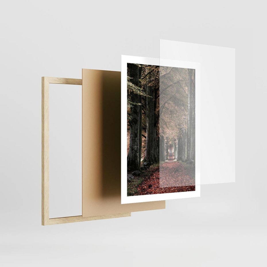 Plakat w ramie 50x70 - Spacer po Leśnej Drodze - ścieżka w lesie, jesień suche liście - rama drewno