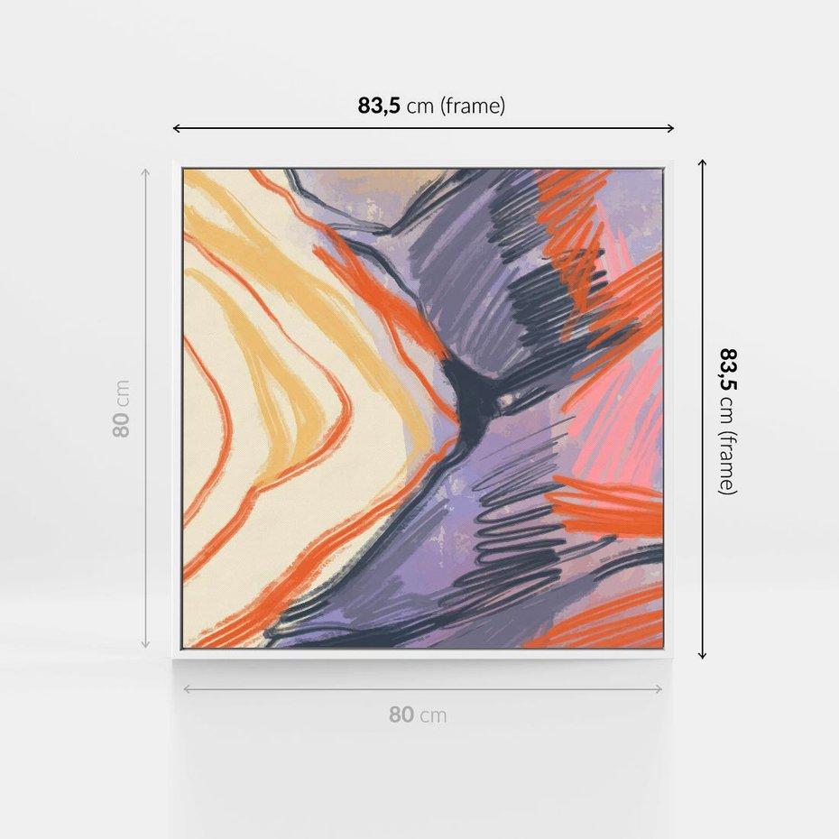 Obraz w ramie 80x80 - Pokreślony Świat - abstrakcyjne formy, odcienie pomarańczu i fioletu - rama biała