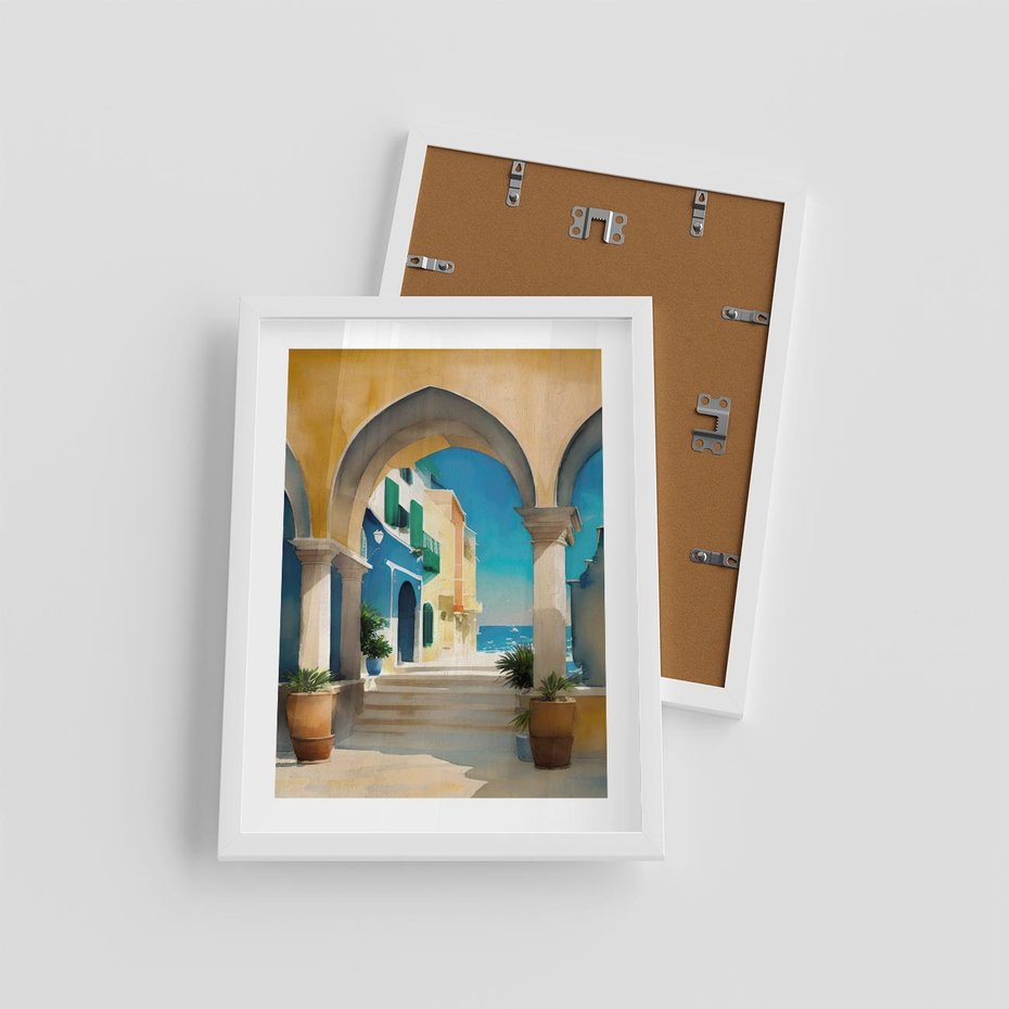 Plakat w ramie 30x40 - Nadmorskie Łuki - akwarela, śródziemnomorski klimat - rama biała