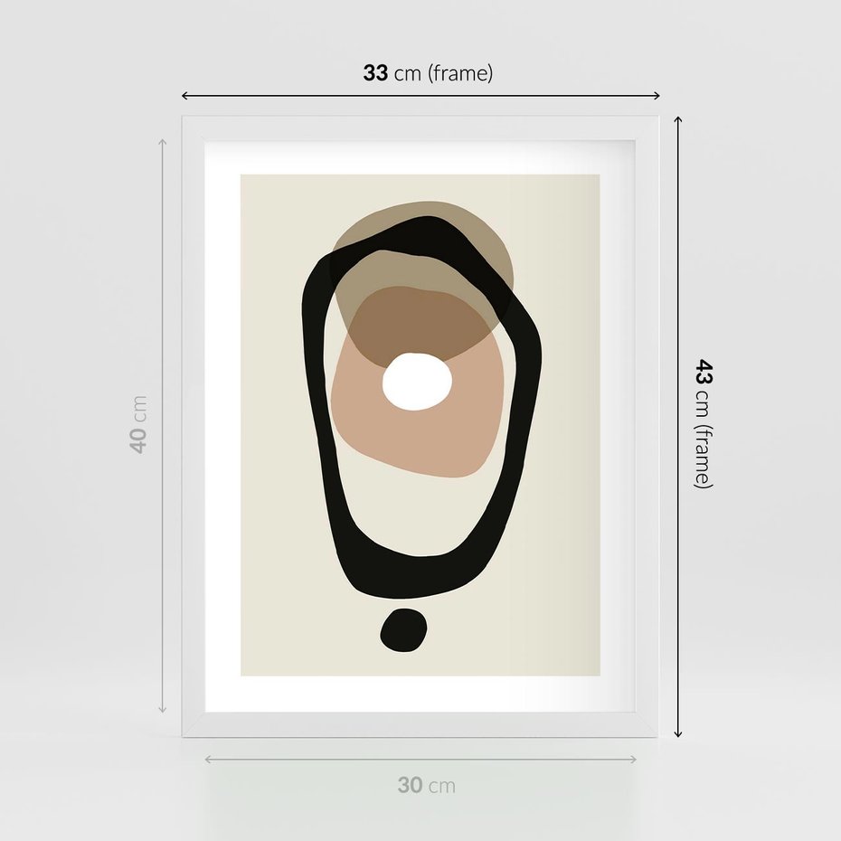 Plakat w ramie 30x40 - Intrygujące Zaskoczenia - beżowa abstrakcyjna kompozycja, czarny akcent - rama biała