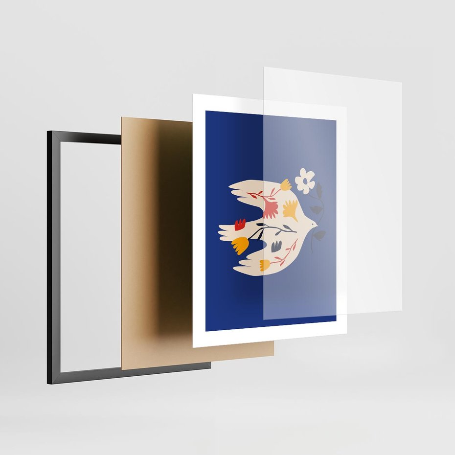 Plakat w ramie 40x50 - Bezczasowy Szept - niebieskie tło, abstrakcyjny biały ptak - rama czarna