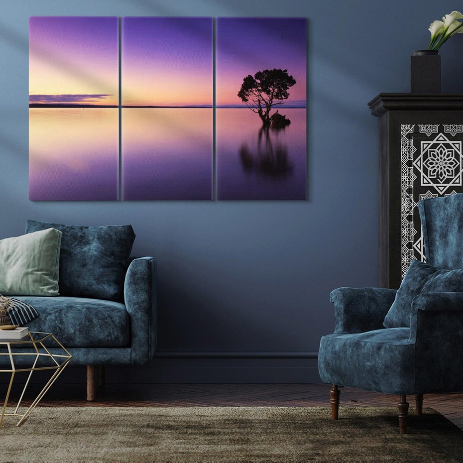 Obraz na płótnie 120x80 - Jezioro wśród drzew o zachodzie - jezioro, drzewo