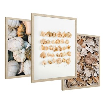 Zestaw obrazy w ramie 40x50 galeria - Jesień, liście, dynie, boho - rama drewno