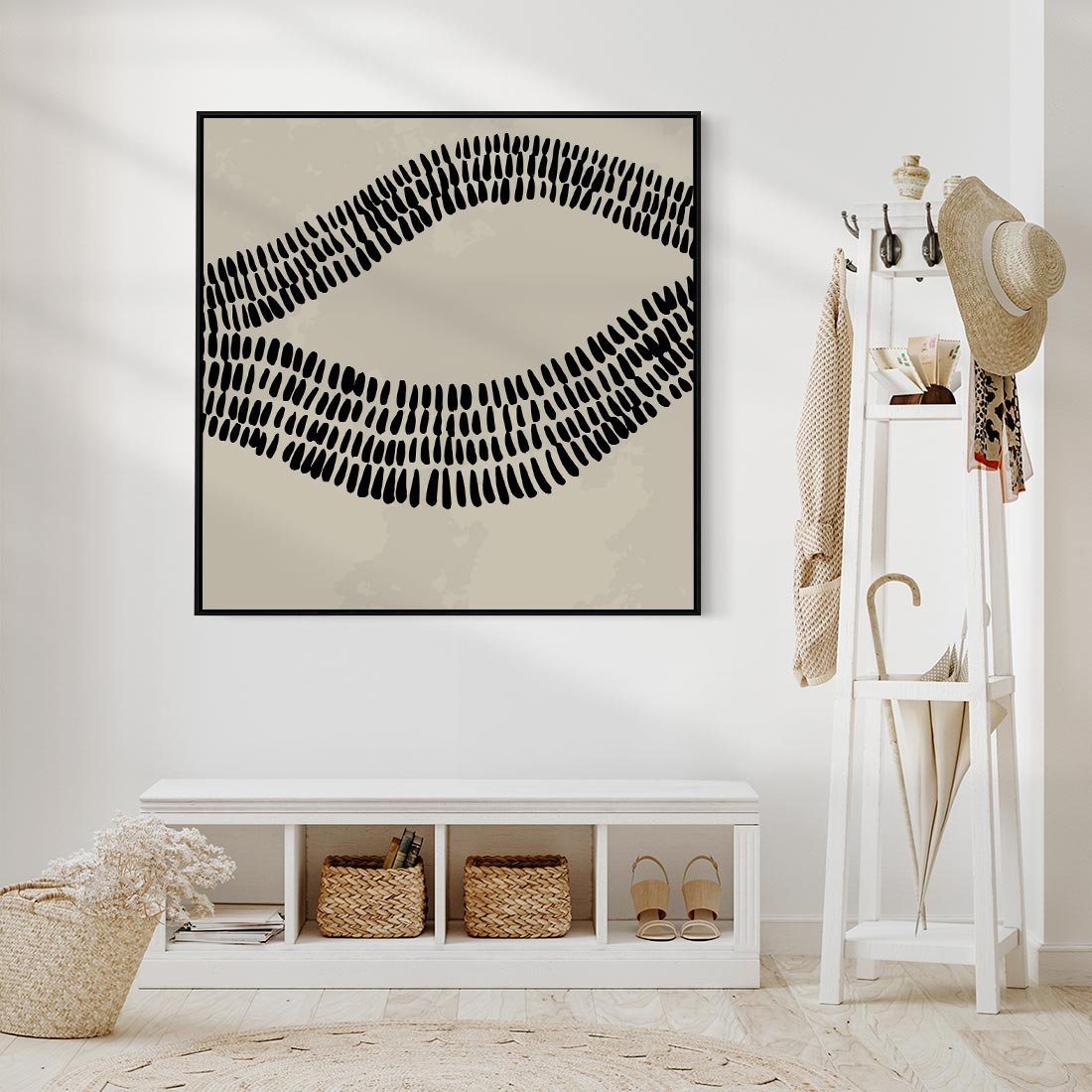Obraz w ramie 50x50 - Kontury Ewolucji Materii - boho plakat, czarne kropki kreski - rama czarna