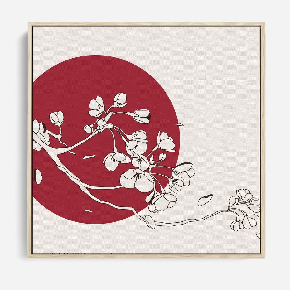 Obraz w ramie 80x80 - Esencja Zen - kwiatnąca wiśnia, orientalna grafika - rama drewno